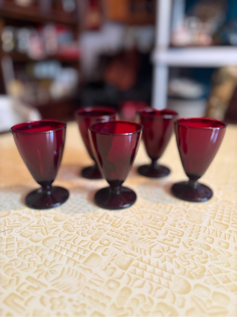 Vintage Set of 5 Ruby Red Glass Goblets - Elegant Home Dining